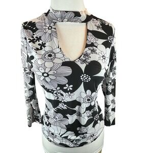 Michel Women‎ Top Black White Floral Choker V-Neck Retro Y2K Mesh 3/4 Sleeve M